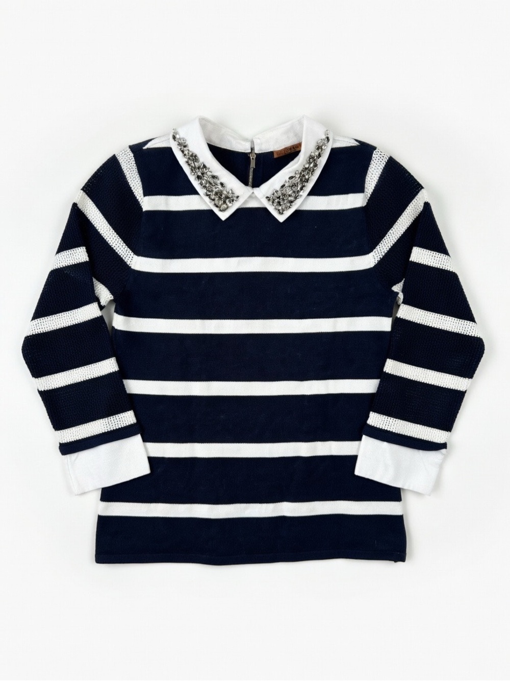 Belldini Navy & White Striped Long Sleeve Top with Jeweled Collar and Cuffs SM